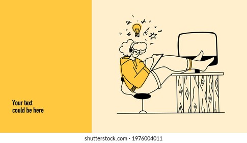 Website banner or presentation slide. A cartoon character sits at a computer table. The boy is listening to music and writing something in a blank pad. He threw his legs on the table. Thinks and works