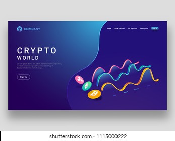 Website Banner Or Responsive Landing Page With Statistical Waves And Virtual Currencies For Crypto Currency Concept.