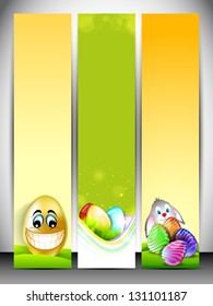 Banner del sitio web con hermosos huevos pintados y conejito para Feliz Pascua.