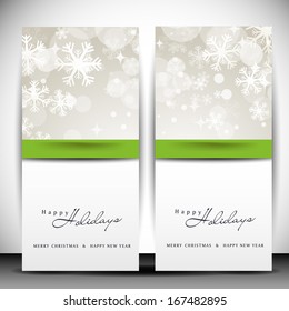  Banner del sitio web diseñado para Happy Holidays con copos de nieve decorativos y cinta verde.  	
