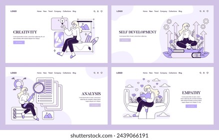 Website banner set featuring Soft Skills. Creativity, Self Development, Analysis, Empathy concepts in elegant illustrations. Engages users in personal and professional growth. Vector illustration