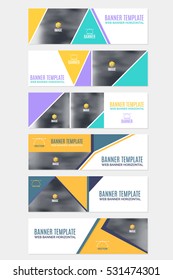 Website Banner Set, Horizontal Background and Web Layout Ad Vector Cover Illustration. Image Add Business Advertisement Banners Design Collection with Flat Style Creative Clean Geometric Elements