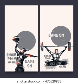 Website banner set with illustration of handball player and weight lifter for Sports concept.