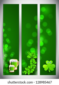 Website banner set for St. Patrick's Day celebration with shamrocks leaves and beer mugs.