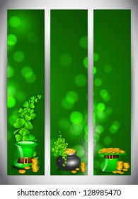 Website banner set for St. Patrick's Day celebration with shamrocks leaves, golden pot and leprechaun hat.