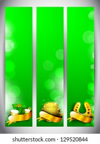 Website banner set for St. Patrick's Day celebration with gold coins pot, beer mugs and horseshoe in golden ribbon.