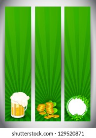 Website banner set for St. Patrick's Day celebration with gold coins, beer mug and shamrock leaves.