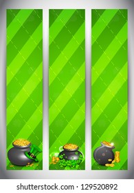 Website banner set for St. Patrick's Day celebration with gold coins pot.