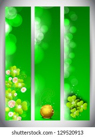 Website banner set for St. Patrick's Day celebration with gold coins pot and shamrock leaves.