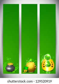 Website banner set for St. Patrick's Day celebration with gold coins pot and horseshoe on green background.
