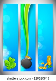 Website banner set for St. Patrick's Day celebration with shamrock leaves, gold coins and pot.