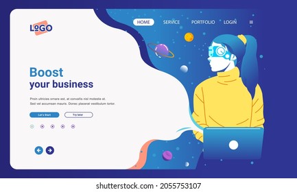website banner for start up business technology, women using VR glasses and working on laptop vector illustration. used for website or landing page image and other.