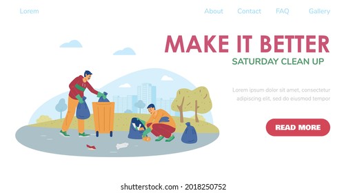 Banner de sitio web para eventos de limpieza de calles y parques, ilustración vectorial plana. Página web para el Día de la Tierra con voluntarios limpiando lugares públicos de basura.