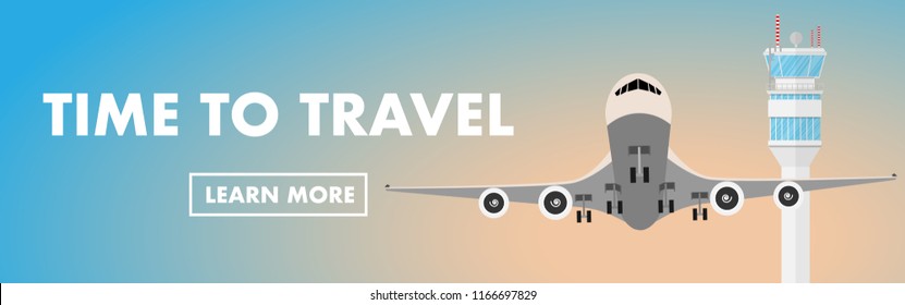 Website banner style- airplane(plane) is taking off from the airport with air traffic control tower(ATC) and copy space for text "time to travel) 