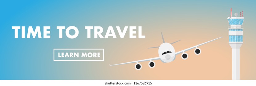 Website banner style- airplane(plane) is taking off from the airport with air traffic control tower(ATC) and copy space for text "time to travel) 