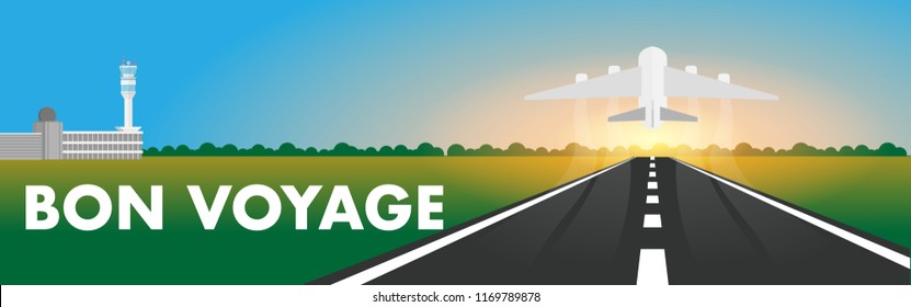 Website banner style- airplane(plane) is taking off from the airport with runway surrounded with green fields and copy space for text "Bon Voyage"