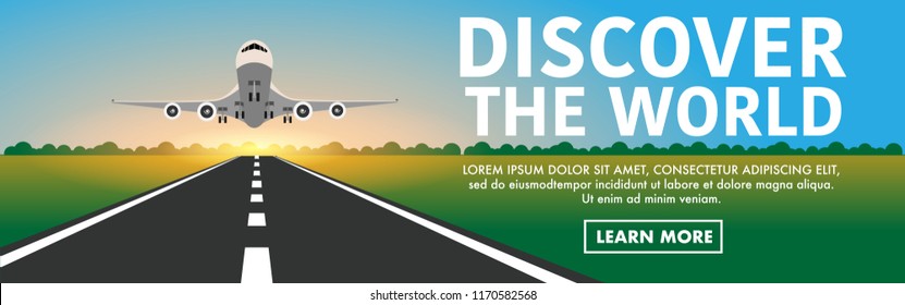 Website banner style- airplane(plane) is taking off from the airport with runway surrounded with green fields and copy space for text "Discover the world"