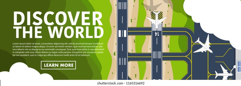 Website banner style of Top down view from the sky of the airport with  runway with plane(airplane) is taking off or landing with cloud and copy space for text "Discover the world"