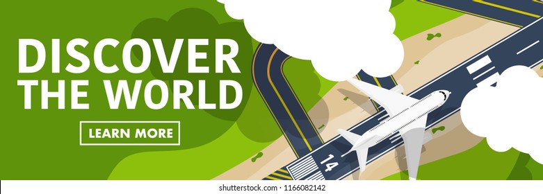 Website banner style of Top down view from the sky of the airport runway with plane(airplane) is taking off or landing with cloud and copy space for text "Discover the world"