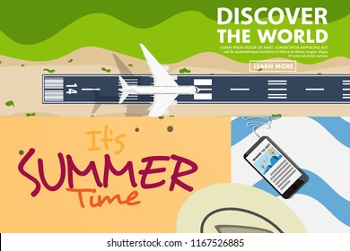 Website banner style of Top down flat view from the sky of the airport runway with plane(airplane) is taking off or landing and Top view flat style of beach in summer style with text It's Summer Time