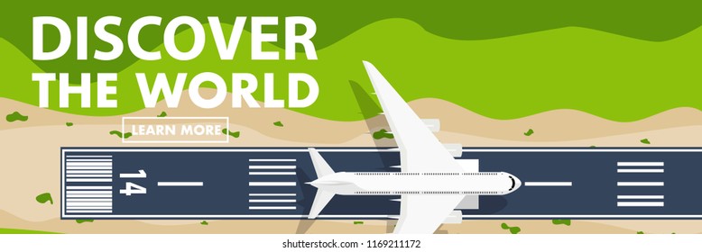 Website banner style of Top down view from the sky of the airport runway with plane(airplane) is taking off or landing and copy space for text "Discover the world"