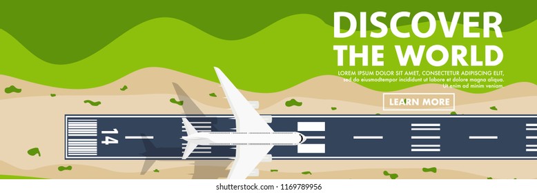 Website banner style of Top down view from the sky of the airport runway with plane(airplane) is taking off or landing and copy space for text "Discover the world"