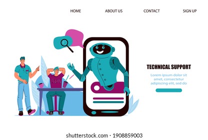 Website banner of technical support service chatbot hotline operator advises clients, cartoon vector illustration. Online technical support 24-7 and artificial intelligence.