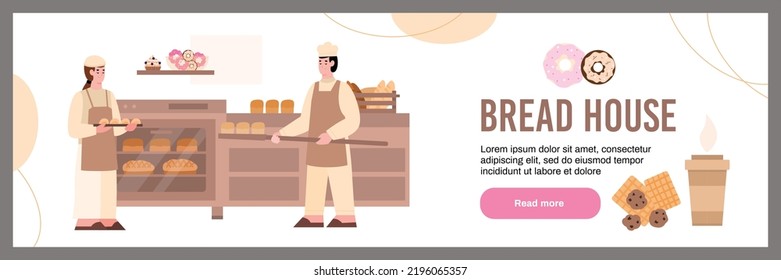 Website banner template about bread house flat style, vector illustration isolated on gray background. People make pastries, donuts, cookies and coffee. Place for text, button