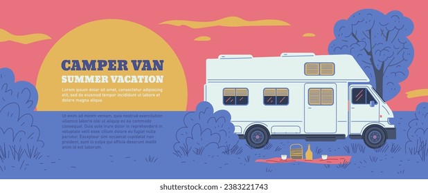 Website banner template about camper van summer vacation flat style, vector illustration. Decorative design with place for text, transport. Traveling and tourism