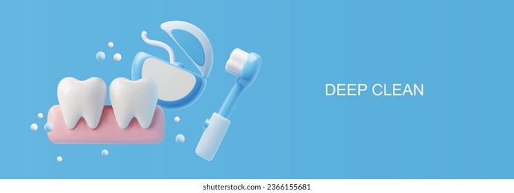 Website banner template about deep teeth cleaning 3D style, vector illustration isolated on blue background. Decorative design, oral hygiene. Health care, toothbrush