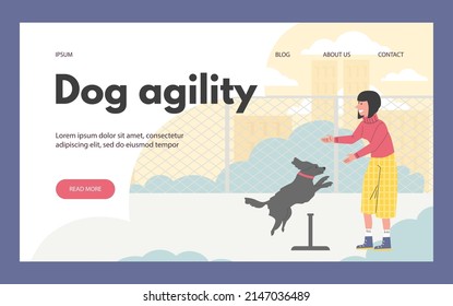 Website banner template about dog agility, girl teaching her pet do jump command flat style, vector illustration isolated on white background. Friendship, outdoor classes