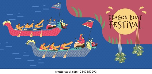 Website banner template about Dragon boat festival flat style, vector illustration. Decorative design with text, people compete in boat race, flags and dragon faces, traditional Chinese holiday