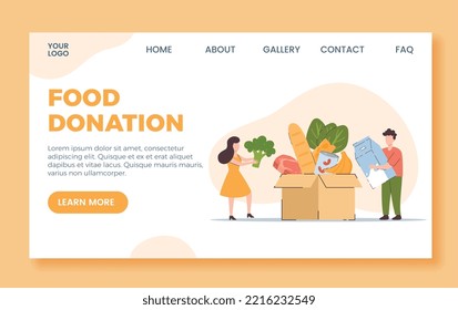 Website banner template about food donation flat style, vector illustration isolated on orange background. People put food products in cardboard box, help and charity