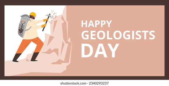 Plantilla de banner del sitio web sobre los geólogos felices día de estilo plano, ilustración vectorial aislada en fondo marrón. Diseño decorativo con texto, hombre con casco aplasta roca con herramienta especial