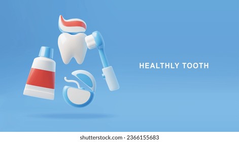 Plantilla de banner del sitio web sobre el estilo 3D de diente sano, ilustración vectorial aislada en fondo azul. Diente con pasta, cepillo y tubo, hilo dental. Higiene oral