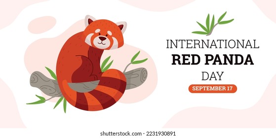 Website banner template about international red panda day flat style, vector illustration. Cute rare animal sitting on log, decorative design layout, celebration