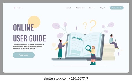 Website Banner Template About Online User Guide Flat Style, Vector Illustration Isolated On Gray Background. Tiny People Study Huge User Manual, Buttons, Place For Text