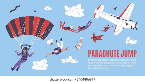 Website banner template about parachute jump flat style, vector illustration isolated on blue background. Decorative design with place for text, emotional people, sport and leisure