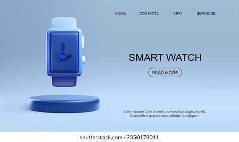 Website banner template about smart watch 3D style, vector illustration on blue gradient background. Decorative design with place for text, modern technologies, digital device