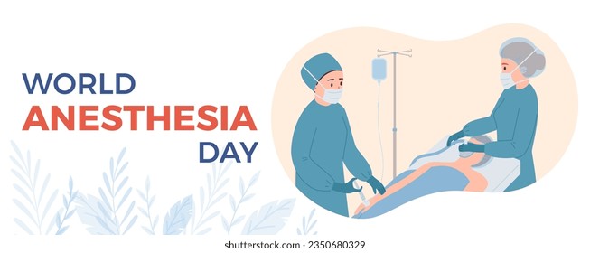 Plantilla de banner del sitio web sobre el estilo plano del Día Mundial de la Anestesia, ilustración vectorial sobre fondo blanco. Diseño decorativo con texto, mujeres con máscaras médicas preparándose paciente para cirugía