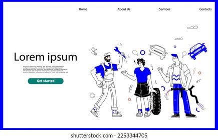 Website banner template for car service and repair workshop. Car repair and tire service, roadside help, flat vector illustration for website or landing page.