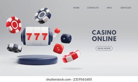 Website banner template for casino online 3D style, vector illustration isolated on gradient background. Decorative design with text, black and red casino chips and dices, jackpot