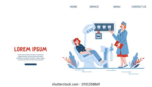 Website banner template for dental clinic with friendly dentist and patient in chair, cartoon vector illustration. Web landing page for dentistry and oral care medicine.