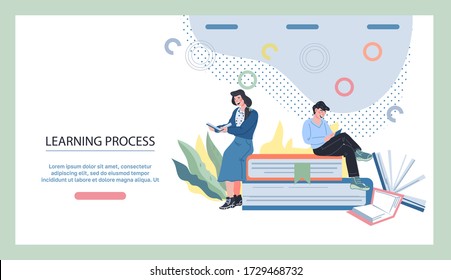Website banner template depicting learning process on online courses with tiny people reading books. Online distance education and electronic educational sources. Flat vector illustration.