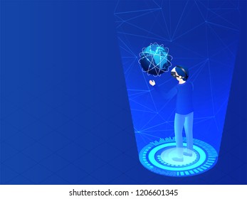 Website banner or template design for Augmented Reality (AR) concept, analyst wearing VR glasses with earth globe on virtual display interface.