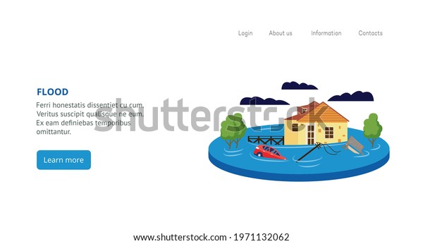 Website banner template with flood\
scene, flat vector illustration. Web landing page showing property\
damage of devastating accidental disaster of\
flood.