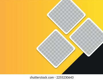 Website banner template, flyer, leaflet. Three empty rhombus photo frames on yellow and black background.  Vector Mockup for design and advertising. EPS10.