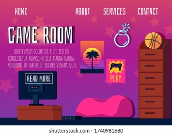 Website banner template for game room with video game console and chair in room interior, flat vector illustration. Computer gaming and cyber sport advertising poster.