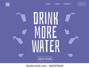 Plantilla de banner del sitio web con cabecera llamando para beber más agua, ilustración vectorial plana sobre fondo azul. Página de aterrizaje de la venta minorista de agua potable y mineral.