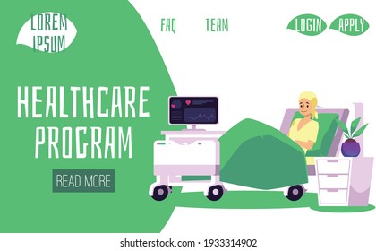 Website banner template for healthcare program concept with patient in hospital ward, flat vector illustration. Landing page for healthcare facility or hospital.